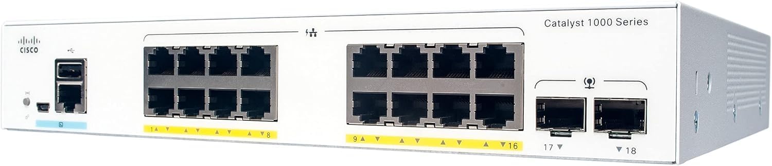 Cisco Catalyst 1000-16FP-2G-L Netzwerk Switch, 16 GbE PoE+ Ports, 240W PoE Budget, 2 1G SFP Uplink Ports, lüfterloser Betrieb, erweiterte eingeschränkte Lebenszeitgarantie (C1000-16FP-2G-L)
