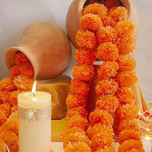 Tied Ribbons Artificial Marigold Flowers String (Pack Of 5) Flower Garlands For Indian Wedding Party House Warming - Home Decorations For Front Door Entrance #TOP2