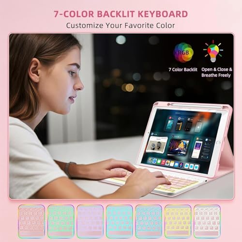 Bxomteng Keyboard Case for iPad 9th / 8th / 7th Gen 10.2 inch/Air 3rd / Pro 10.5 inch - 7 Colors Backlit Keyboard Cover and Mouse (Pink) by Bxomteng - Used condition - Image 5