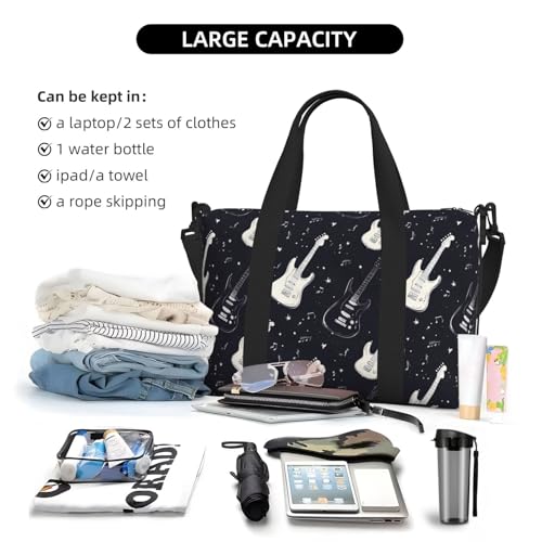 Laptop Tote Bag for Women Work - Black Guitar White Print Weekender Overnight Bags for Women Travel, Gym Duffle Bag for Men, Personal Item Crossbody Travel Bags for Men Carry On4