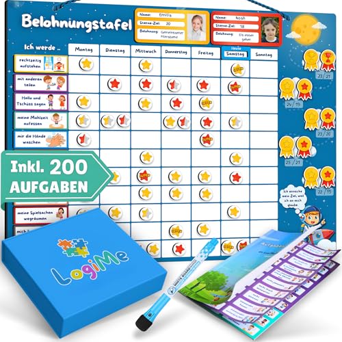 𝐋𝐨𝐠𝐢𝐌𝐞® Belohnungstafel für Kinder [200 AUFGABEN] - XL Aufgabenplaner magnetisch - Montessori Belohnungssystem - Wochenplaner ab 3 4 5 6 7 8 Jahre - Sternchenplan ADHS Magnettafel (Astronaut)
