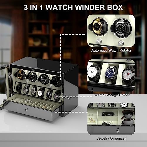 Image of DUKWIN Watch Winder for Automatic Watches, White Lockable Watch Winders with Extra Watch Storage, Jewelry Storage, 4 Rotation Modes, LED Light, Super Quiet Mabuchi Motor and Spring Watch Pillows