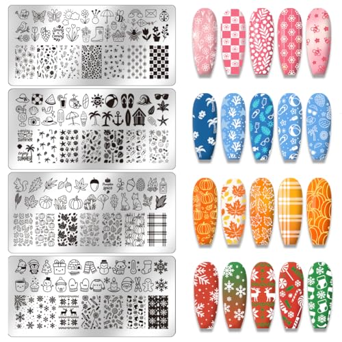 PH PandaHall 4pcs Plaque D'Estampage pour Ongles Saison Pochoirs pour Nail Art Printemps Été Automne Hiver Plaques D'Image en Acier Inoxydable pour Noël Femmes Manucure Imprimée Conception de Salon