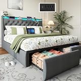 Doltoro Queen Bed Frame with Headboard and 2 Storage Drawers, Upholstered Wingback Platform Bed Frame Queen Size with Charging Station & LED, Noise Free, No Box Spring Needed, Easy Assembly, Grey