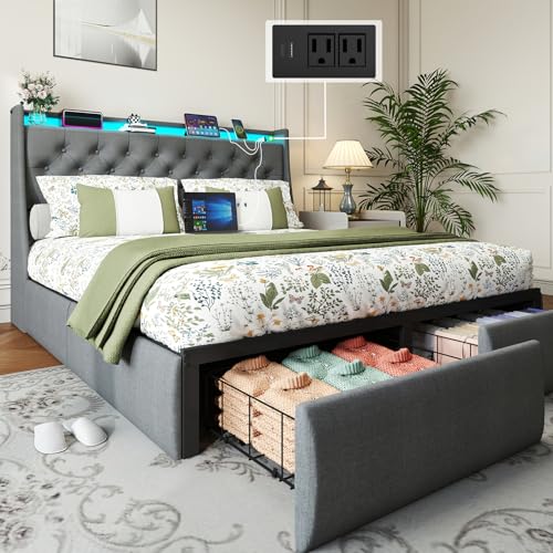 Doltoro Full Size Bed Frame with Headboard and 2 Storage Drawers, Upholstered Wingback Full Size Platform Bed Frame with Charging Station & LED, Noise