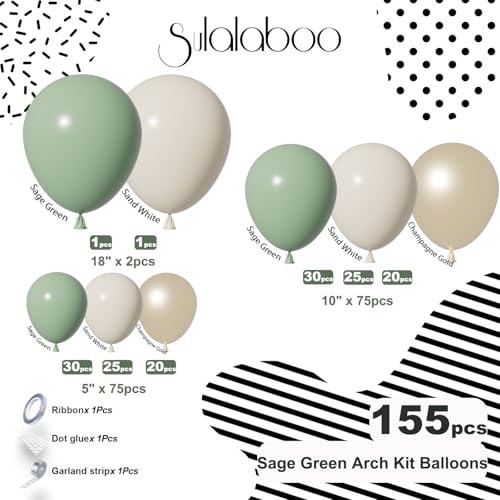Image of Sage Green Balloons Arch Kit 155Pcs Sand White Gold 18 10 5 Inch | Olive Green Metallic Different Sizes LatexBalloon Garland for Birthday Anniversary Wedding Party Decorations
