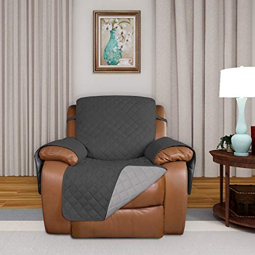 Image of PureFit Reversible Quilted Sofa Cover, Water Resistant Slipcover Furniture Protector, Washable Couch Cover with Non Slip and Elastic Straps for Kids, Dogs, Pets (Oversized Recliner, Dark Gray /Beige)