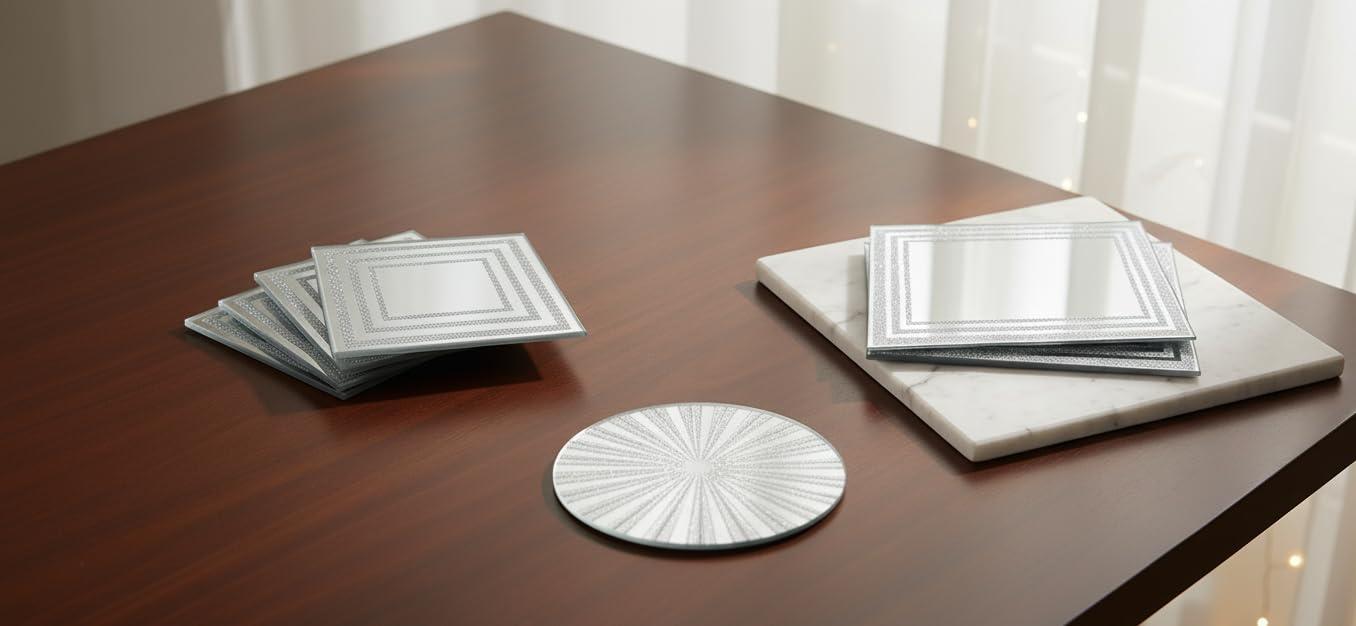 Deenz Line Center Glitter Set Of Coasters 10X10Cm Placemat 22X29Cm & Center Plate 20Cm Glass Mirrored Sparkle Dining Table Mats Kitchen Luxurious (4 Coasters + 4 Placemats + 1 Center Plate)