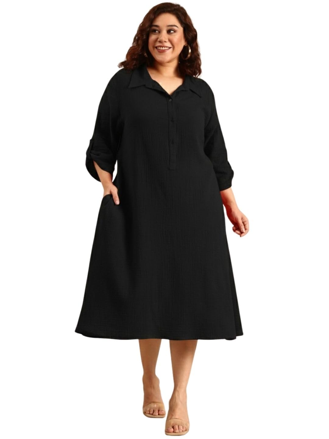 the pink moon Women's Plus Black Cotton A-Line Dress with Collar Neck and 3/4th Rolled up Sleeves (DRS CH BLKDC)-picture-15