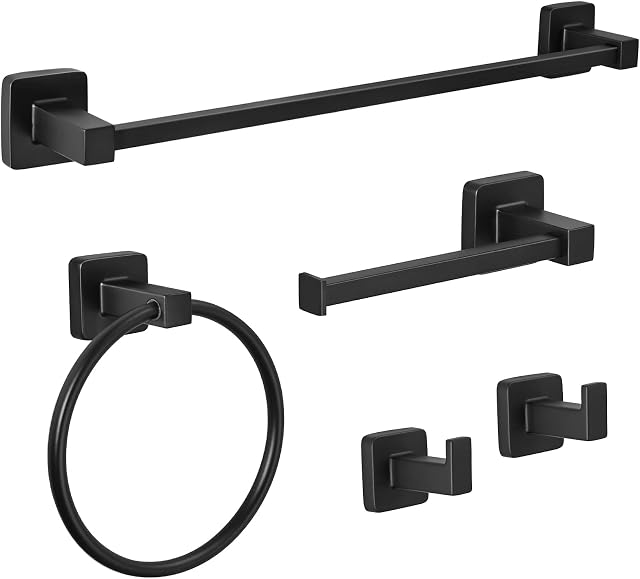 JiGiU Bathroom Hardware Set, 5 Pieces Stainless Steel Bath Accessories Kit, Towel Rail Holder,Wall Mounted 16 inch(40cm) Bath Towel Bar, Toilet Paper Holder,Towel Ring, Towel Robe Hooks -Black