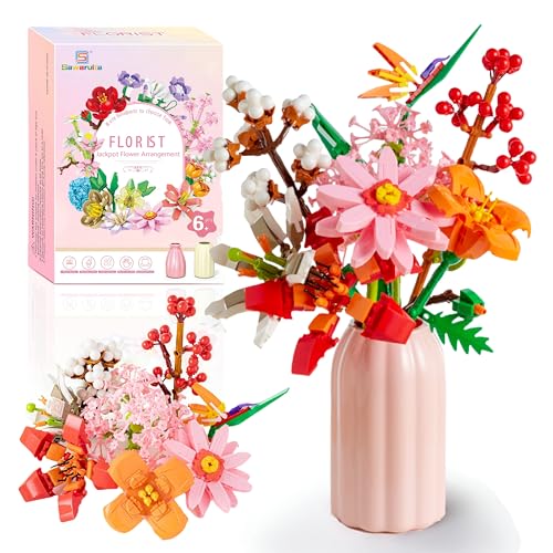 Sawaruita Botanicals Pretty Pink Flowers Building Blocks for Adult,Wildflower Bouquet with Vase -Plants Block Toy for Home&Office Decor,Gift for Valentine's Day,Mother's Day,Birthday