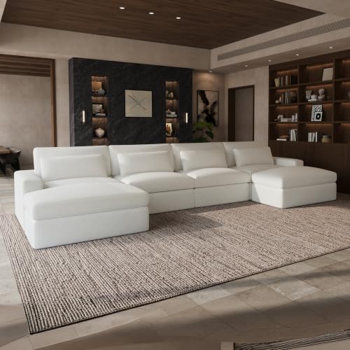 Image of Novilla 181 inch Deep Seat Modular Sectional Sofa, Removable Washable Covers, 6 Seater U Shape Cloud Couch with Lumbar Pillows, Chenille Boneless Sectional Couch Beige, No Assembly Required