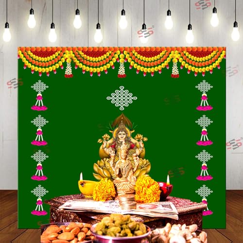 Image of S2S Backdrop Cloth for Pooja Decoration Traditional Background Curtain Cloth for Festival Fabric | Lakshmi Devi Backdrop Cloth for Decoration | 5 Feet Height & 5 Feet Width