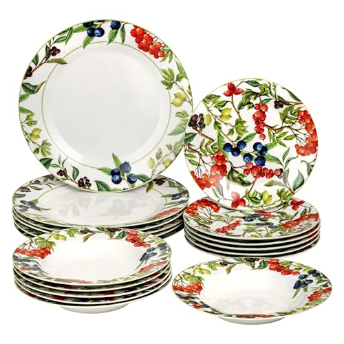 Servizio di Piatti da 18 pezzi in Porcellana e Gres, Servito da Tavolo Colorato per 6 Persone, Piatto Fondo, Piano, da Frutta o Dolce, Fantasia Bacche