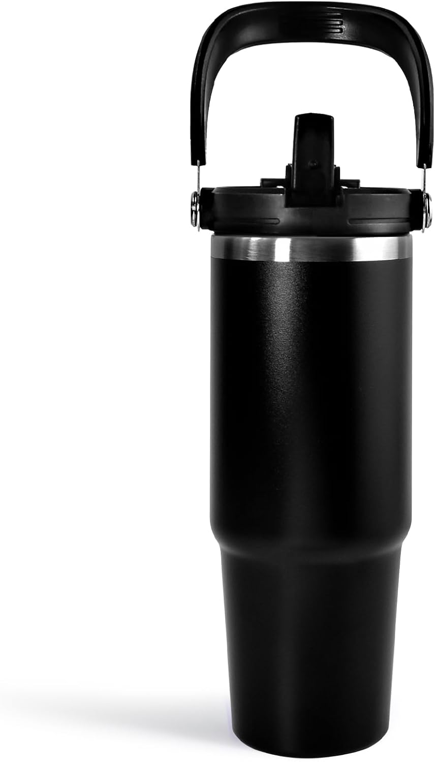 30 oz Tumbler with Handle and Straw Lid, Double Walled Vacuum Insulated Water Bottle Leakproof Tumbler Travel Coffee Mug Thermal Cup, Cupholder Friendly for Office, Home, Sport, Black