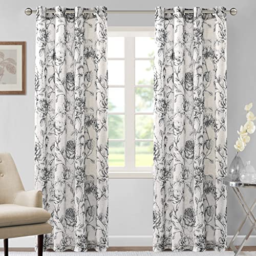H.VERSAILTEX Boho Floral Linen Curtains, Semi Sheer Light Filtering Curtains, Drapes 84 Inch Length 2 Panels Set, Grommet Top Farmhouse Vintage Curtain, Print Pattern Treatments for Bedroom, Black by H.VERSAILTEX - Image 2