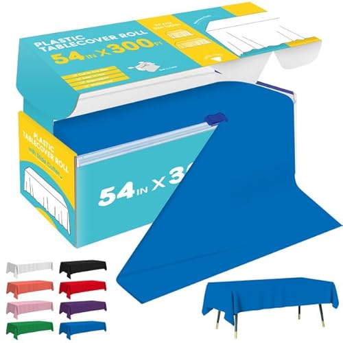 Niuara Blue Plastic Table Cover Roll - 54IN x 300FT, Table Cloth for Rectangle Table with Slide Cutter, Plastic Table Cloth Disposable with Cut-to-Size Design for Weddings, Banquets, Parties