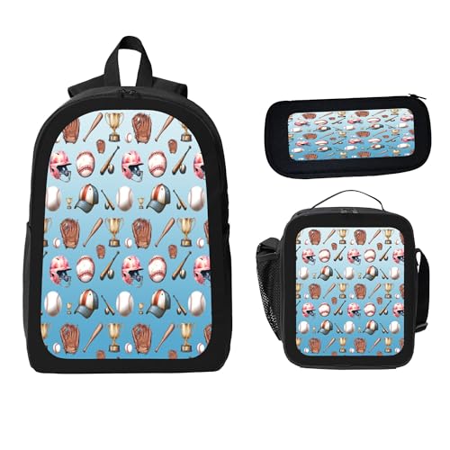 3PCS Backpack for Women Men With Lunch Box Pencil Bag 17 Inch Lightweight Adjustable Strap Back Pack 3 In 1 Set Blue Sports Baseball Casual Daypack Unisex fit Travel Work Camping