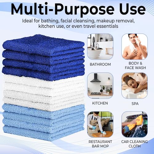 Image of QUBA LINEN 100% Cotton Washcloth Set - Soft, Absorbent Face Towels for Bathroom & Gym Use - Durable & Reusable Wash Cloths - (Blue, White and Navy (12x12), (Pack of 12)