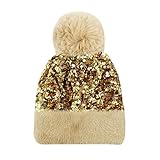 LEOMOSTE Women Girls Winter Sequin Beanie Hat with Faux Fur Pom Pom Knit Skull Cap Gold