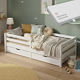 Bellabino Iskri Bodenbett 90x200 cm mit Matratze & 2 Schubladen – Montessori Kinderbett mit Rausfallschutz & Lattenrost – Holzbett für Jungen & Mädchen aus Kiefer Massivholz in Weiß – Kleinkindbett