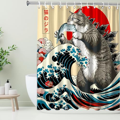 Image of Funny Japanese Cat Shower Curtain, Vintage Cat Eating Fish Japan Art Anime Sunset Wave Waterproof Shower Curtain with Hooks, Animal for Kids Fabric Shower Curtains Bathroom Decor 72X72inches