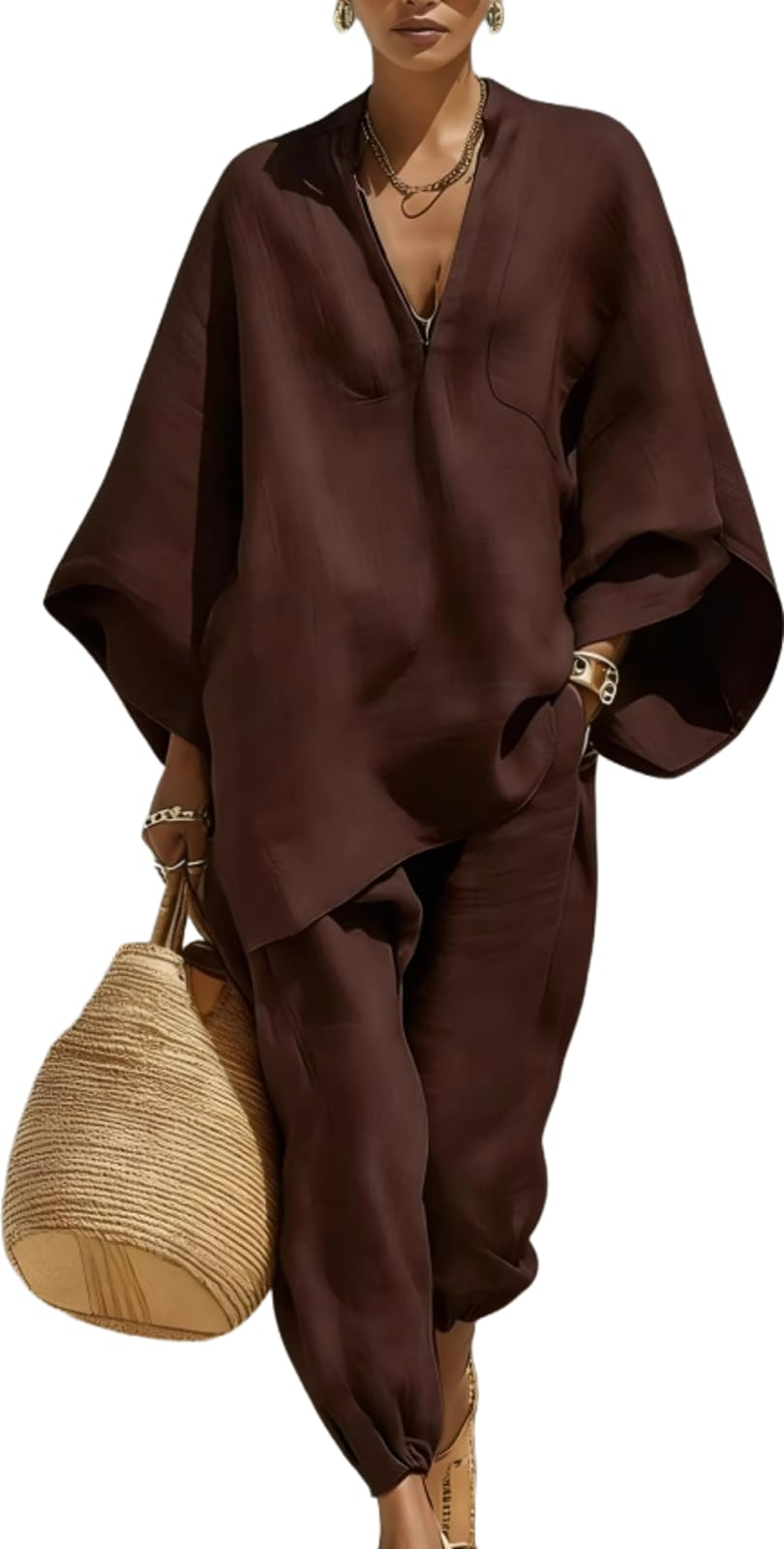 Tenue Deux Pièces pour Femmes Printempsété Mode Chemise Ample à Manches Batwing à Manches en V Et Col en V Ensemble Deux Pièces