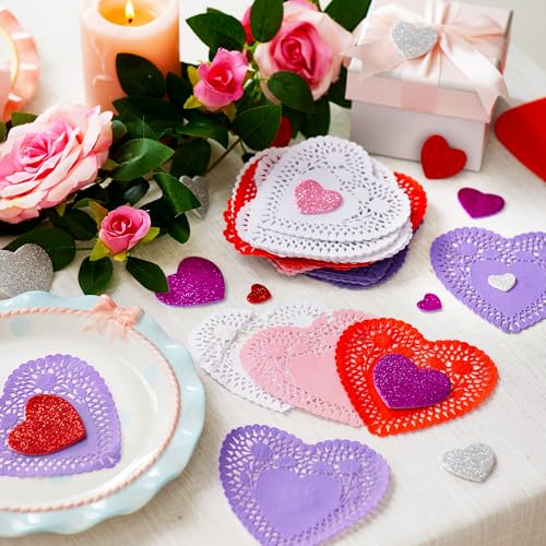 JOYIN 86 Pcs Valentines Day Heart Doilies Craft Gift Set with 50 Pcs Paper Doilies, 12 Foam Craft and 1 Bags of Glitter Foam Heart Stickers for Valentine's Day Party Tableware Decoration by JOYIN - Used condition - Image 6