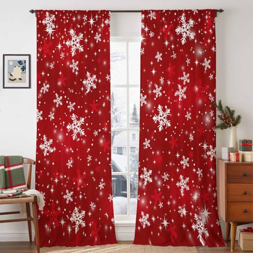Red Christmas Sheer Curtains 108 Inch Length 2 Panels Set, Xmas Snowflakes Semi Transparent Voile Rod Pocket Curtains for Living Dining Room Bedroom Drapes Winter Glitter Sparkle Snowy 52'' x 108'' x2