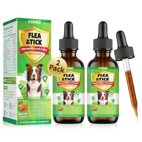 Flea and Tick Prevention for Dog, 60 ML (2 FL OZ) 2 Pack Natural Oral Flea and Tick Drops for Dogs Containing Multivitamin All Breeds and Sizes Fleas Control for Dogs Bacon Flavor