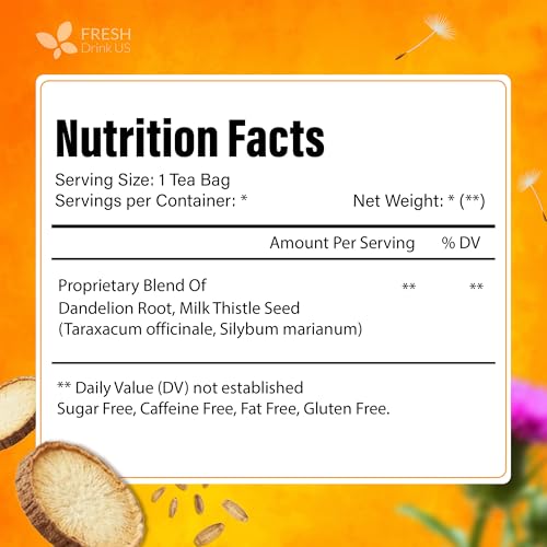 Image of FreshDrinkUS, Premium Dandelion Milk Thistle Herbal Tea | 75 Tea Bags | Herbal Blend with Dandelion Root & Milk Thistle Seed - Clean Plant-Based Daily Tea, Naturally Caffeine Free. Sugar Free. Vegan
