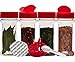 Decony Spice Containers 10 sets - 7 oz. clear plastic pet spice jars storage container bottles with red sifter spoon caps - 10 bottles with caps - plus 2 mini spoons