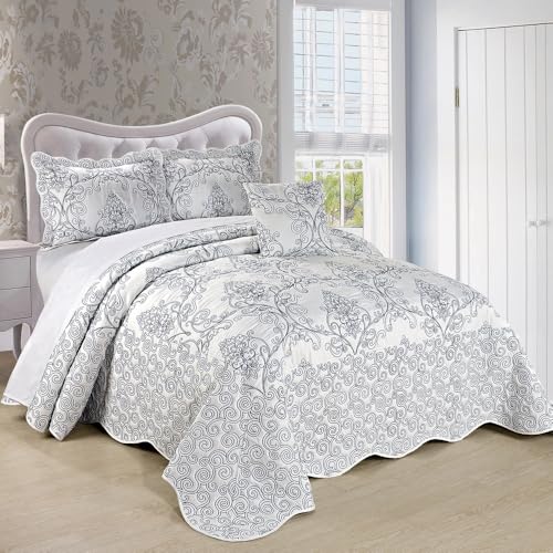 TRP French Country Style 4 Piece Pretty Embroidered Geometric Pattern Oversized King Bedspread | All Seasons Shabby Chic Bedding White Cream Gray Color Designer Aesthetic Look Soft Plush Cozy Feel