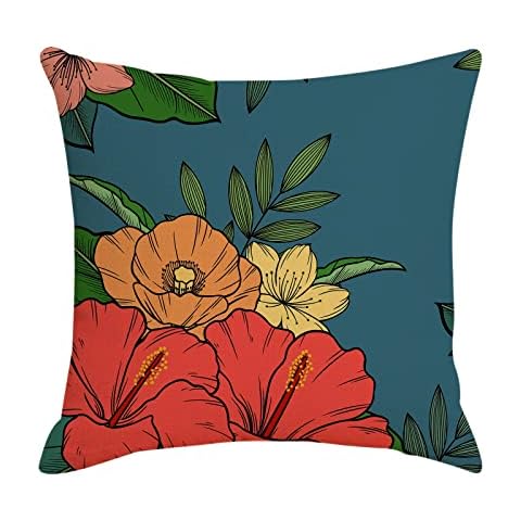 Dsnyu Throw Pillow Cover, Flowers and Leaves Pattern Cushion Pillow Covers 16x16, Linen Red Green Decorative Throw Pillow Covers Chair Decor Cover