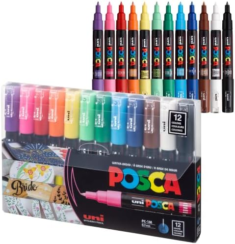 12 Posca Paint Markers, 1M Extra Fine Posca Markers with Extra Fine Tips, Posca Marker Set of Acrylic Paint Pens | Posca Pens for Art Supplies, Fabric Paint, Fabric Markers, Paint Pen, Art Markers