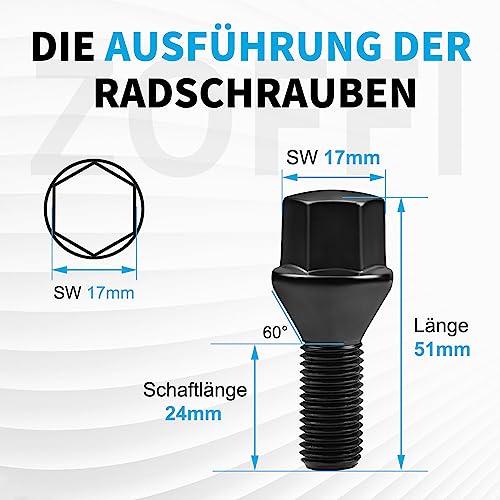 ZOFFI Schwarze Radschrauben M12x1,5 Ersatz für BMW 1er (bis 2010) 3er (bis 2011) 5er (bis 2009), 20 Stück Kegel 60° Kegelbund SW17 Schaftlänge 24mm