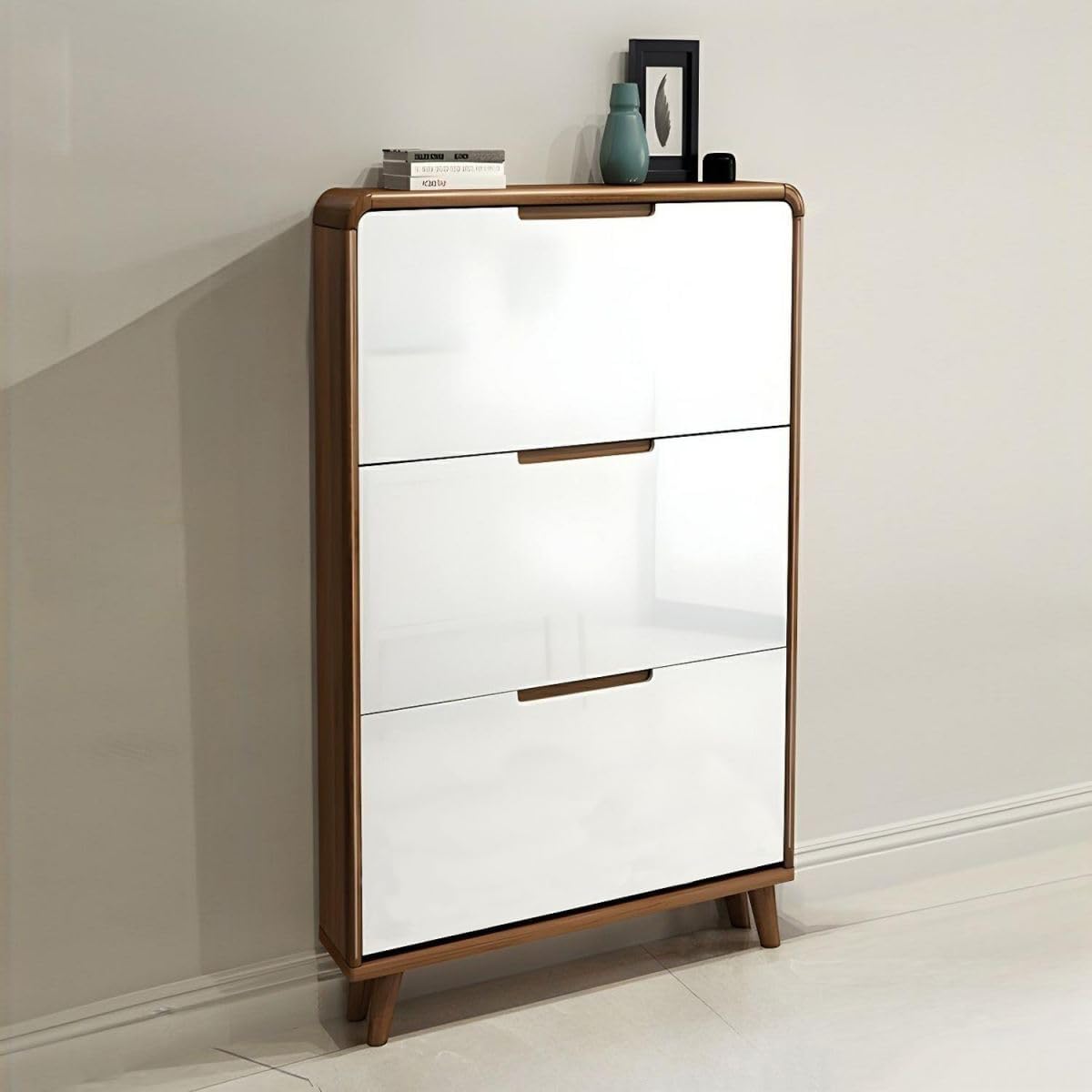 RUNNUP Narrow Shoe Storage Cabinet, Wood Shoe Cabinet with 3 Flip Drawers, Shoe Organizer Cabinet, Modern Shoe Rack Cabinet for Entryway, Hallway, Bedroom, Walnut 27.5" L x 7" W x 47" H