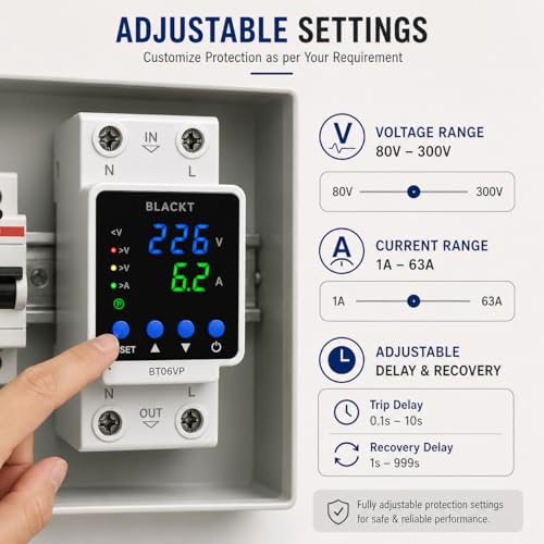 Image of Blackt Electrotech BT06VP 230V AC Digital Voltage and Current Protection Relay - 1-63A Single Phase - Adjustable Over Under Voltage and Overcurrent Protector DIN Rail Mount