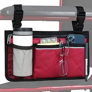 Wheelchair Side Organizer Storage Bag Armrest Pouch with Cup Hold and Reflective Strip, for Most Wheelchairs, Walkers or Rollators (Red)