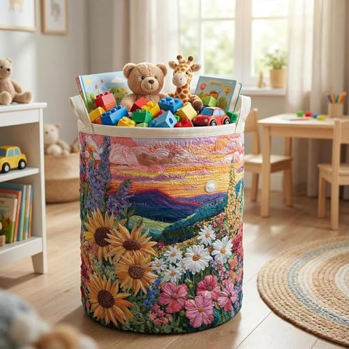 Image of Quilted Laundry Basket With Handles,boho storage basket,quilted basket
