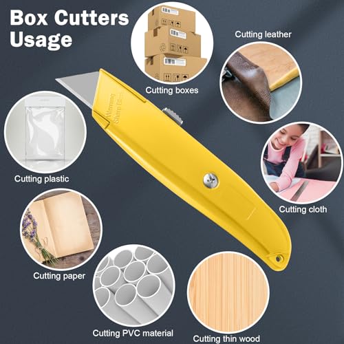 Image of Lasnten 12 Pcs Box Cutter Bulk Retractable Utility Knife Heavy Duty Aluminum Alloy Carpet Knife Package Opener Cutter Blade for Cardboard Plastics Cartons DIY Home Warehouse Office(Yellow)
