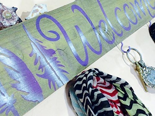 Lavender feathers recycled pallet wood welcome sign 5 hooks /entryway hat rack key holder /scarf rack / hand-painted reclaimed wood decor