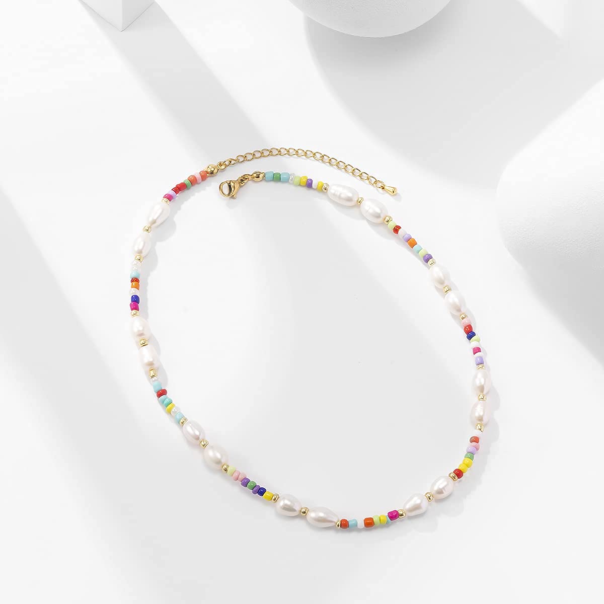 Wellike Freshwater Pearl Beaded Necklace for Women Handmade Boho Colorful Glass Beads Choker Necklace Stainless Steel 18K Gold Plated Bohemian Women Summer Jewelry Gifts