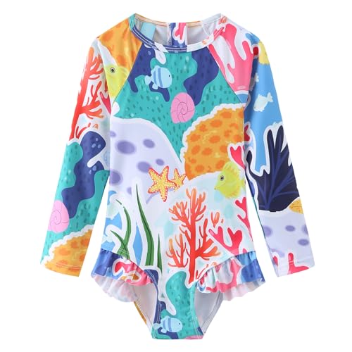 Baby and Toddler Girls One Piece Rash Guard Swimsuits for Girls Long Sleeve Swim Shirts with Sun Protection