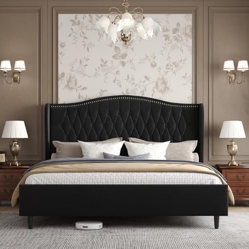 Belffin King Size Bed Frame with Upholstered Wingback Headboard, Vintage Velvet Platform Bed with Button Tufted & Nailhead Trim, Anti-Slide Footboard, No Box Spring Needed, Noise-Free, Black