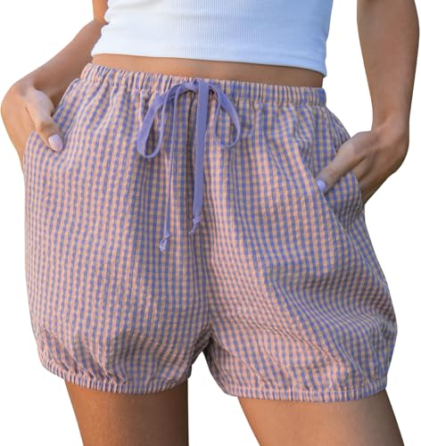 TARSE Balloon Gingham Shorts for Women Casual Plaid Pajama Summer Lounge Sleep Shorts Y2K Beach Bottoms(PurpleOrangePlaid,S)