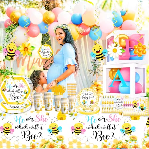 168pcs What Will it Bee Gender Reveal Decorations Tableware Set, Bee Gender Reveal Decorations Include Banner, Plates, Cups, Napkins, Tablecloth, Bee Party Decorations for Baby Shower, Serve 25