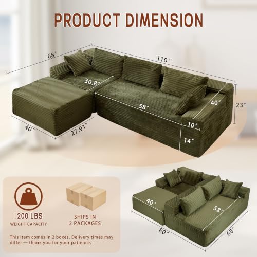 Image of Korser 108 inch L-Shaped Modular Sectional Sofa with Chaise, Boneless Comfy Corduroy Fluffy Couch with Deep Seat and Side Pockets, Flexible Module Combination for Living Room, No Assembly, Side Pockets