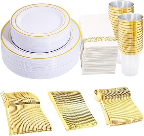 image for WDF Partyware 350 Pieces White and Gold Plastic Plates - 50 Guest Dinn