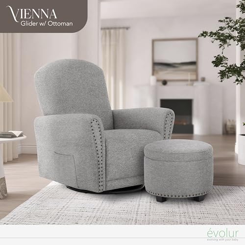 Image of Evolur Vienna Swivel Glider with Ottoman, FSC Certified, Greenguard Gold and JPMA Certified Glider Rocking Chair, 360 Swivel Motion, Ergonomic Design Nursery Glider, Cobblestone